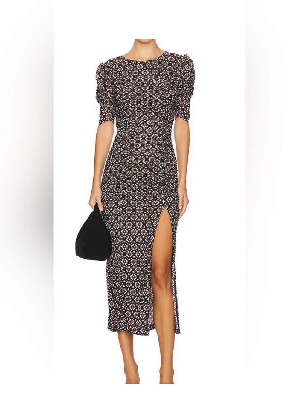 NWT Free People Briella Ruched Midi Dress in Black Combo Size S